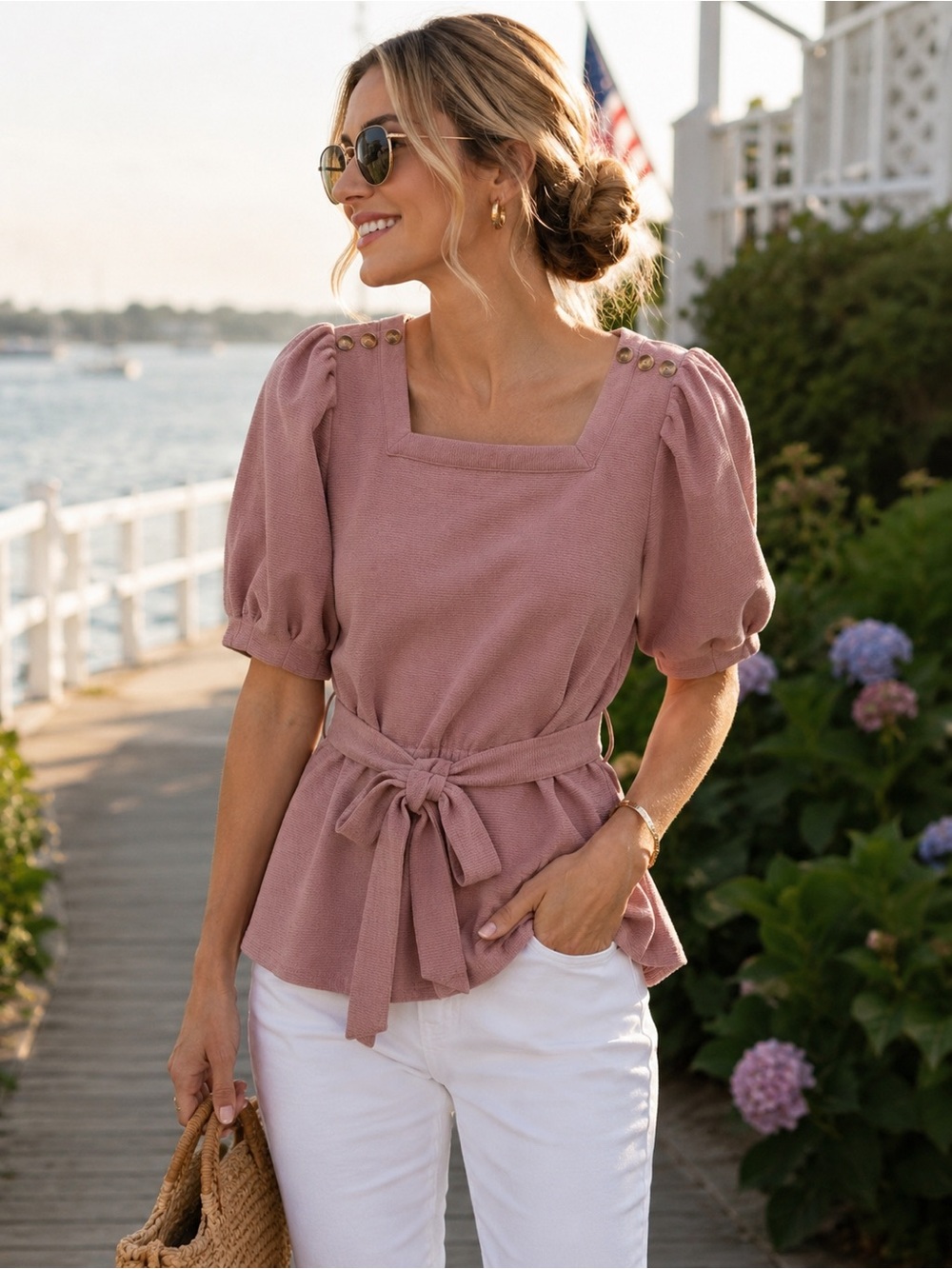 Current Air Los Angeles Pink Puff Sleeve Belted Blouse Top Size M Feminine Chic